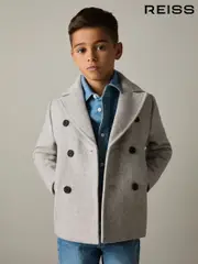 Reiss Soft Grey Melange Bergamo 9-13 yrs Wool-Blend Twill Double-Breasted Coat (E11038) | $220