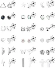 [Staligue] 18 Pairs Stainless Steel Stud Earrings Set for Women Men Star Moon flower Heart Leaf Opal 20G Cartilage Earrings Hypoallergenic Flatback Earrings Piercing Jewelry