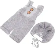 SAFIGLE 1 Set Delicate Hand Woven Bear Suspender Trousers Beanie Hat Costume Supplies for Newborn Photography Grey