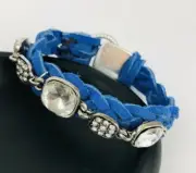 Braided Blue Leather Laces Rhinestone Silver Button Clasp Bracelet