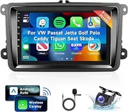 9 Inch IPS Touch Screen Car Radio for VW Passat Jetta Golf Polo Caddy Tiguan Seat with Wireless CarPlay/Android Auto, Bluetooth, GPS, WiFi, SWC + Backup Camera