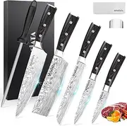 MOSFiATA Kitchen Knife Set of 5, Chef's Knife Made of High-Quality Carbon Stainless Steel, 7 Inch Nakiri Knife, 5 Inch Utility Knife, Bread Knife, with Finger Guard Knife Sharpener and Gift Box