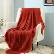[CREVENT] 127x152cm Farmhouse Breathable Lightweight Spring Summer Fall Knit Throw Blanket for Couch Chair (Burnt Orange/Rust Brick Red - Waffle)