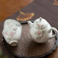在飛比找ETMall東森購物網優惠-手繪桃花陶瓷茶壺景德鎮汝窯開片可養茶具手工茶杯中式復古泡茶壺