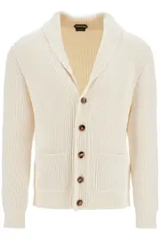 [TOM FORD] TOM FORD white silk and wool cardigan with shawl collar 48 White