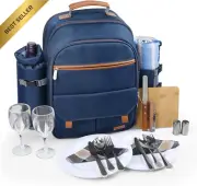 2 Person Picnic Backpack Cooler Blanket Camping Navy