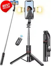 Selfie Stick Tripod with Light, 113cm Long, Wireless Remote for iPhone 15/14/13,