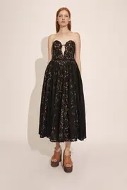 opal volume lace midi dress in black
