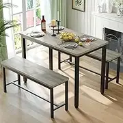 Tatub Dining Table Set for 4, 3-Piece Kitchen Table with 2 Benches, Space-Saving Dining Room Set for Breakfast Nook and Small Spaces, Grey