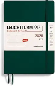 LEUCHTTURM1917 370789 Weekly Planner 2025, Medium A5 Softcover, 12 Month Planner, Lined - Forest Green, English