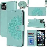 Cavor Crossbody Wallet for iPhone 11 Pro Max 6.5'' PU Leather Case Magnetic 3D Embossed Flower Women Flip Kickstand with Card Holder Shoulder Lanyard Protective Cover-Long Strap Flower Light Green