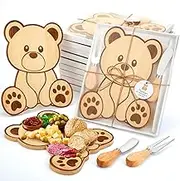 Ziliny 12 Set Baby Shower Party Favors Bear Shaped Cheese Board Set, Include Small Wood Cutting Charcuterie Boards with Knives and Forks Gift Box for Wedding Bridal Shower Birthday (Bamboo Color)