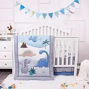 La Premura Dinosaur Baby Nursery Crib Bedding Set – Dinosaur 3 Piece Standard Size Crib Set, Grey/Blue - Unisex Nursey Bedding and Neutral Decor