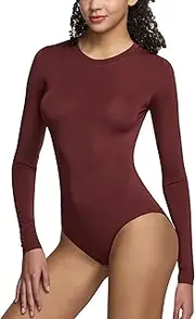 [TSLA] Women's Crew Neck Bodysuit, Slim Fit Stretchy Long Sleeve Tops, Basic T-Shirt Jumpsuit Clothing FUO01-BRC Medium