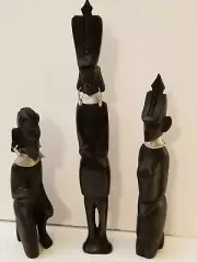Vintage Hand-Carved Set of 3 African Figurines Ebony Wood Made in Kenya