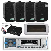 Pyle Bluetooth Marine Radio,Cover,Antenna,Amp w/Kit, 4x 5.25" 400W Black Speaker