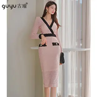 正韓洋裝2023新款撞色邊V領長袖粉色禮服中長窄裙連身洋裝