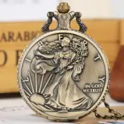 Vintage Style American Statue of Liberty Eagle Coin Quartz Pocket Watch Gifts