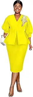 [AOMEI] Business Suit Sets for Women's 2 Piece Outfits V Neck Peplum Tops Floral Applique Formal Pencil Midi Skirt Suit…