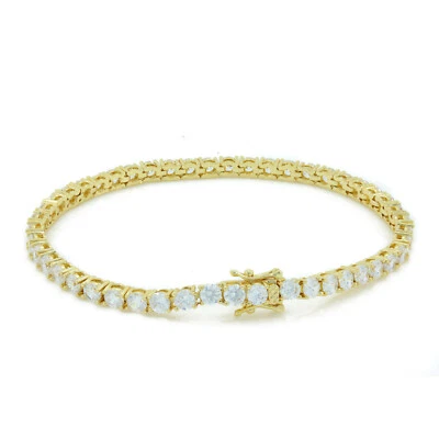 Unisex 1 Row 4mm Classic Bling Tennis Bracelet 14K Gold Finish CZ 9 Inches