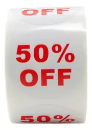 6 Rolls of "50% OFF" Discount Labels (500 labels/roll, 1.5" diameter) BPA Free!