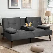 [Meilocar] Sofa Bed Velvet, 60" Loveseat Futon Sofa Bed with Removable Armrests, Adjustable Recliner Guest Bed Daybed Sofa for Small Space, Cup Holders, 3 Angles, Gray