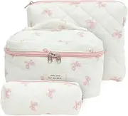 AwObEpl 3 Pcs Skincare Bag,Quilted Makeup Bag,Cosmetic Pouch,Cotton Cosmetic Bag,Cute Makeup Pouch,Aesthetic Makeup Bag for Women Girls Ladies (Pink)
