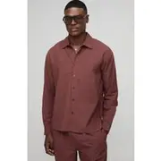 Mens Chocolate Oversized Long Sleeve Collared Linen Shirt