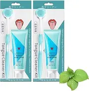 2Pcs Oral Hygiene Brush & Tongue Cleansing Gel, Probiotic Tongue Cleaning Gel Set, Tongue Scraper Precise Cleaning Brush Kit,Tongue Cleaning Gel with Cleaner Brush (Mint)