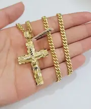 Real 10k Gold Cross Pendant Necklace 26 Inch SET Chain 5mm Miami Cuban Link 10KT
