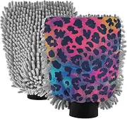 XYMZR Seamless Texture Leopard Print Absorbent Microfiber Car Wash Mitt, Funny Cute Anime Scratch Free for Cars Cleaning, Home Cleaning Mitts, 2 Pack, 10.24” L x 7.09” W