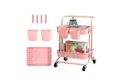(Pink)2 Tier Kitchen Rolling Storage Cart with Wheels Handle & Hooks & Cups