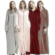 Ladies Hooded Dressing Gown Bath Robe Warm Soft Womens Fleece Zip Up Long Robes Y light gray XL