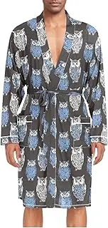 [ZZXXB] Owls Pattern Mens Sleepwear Robe Lightweight Nightgown Long Sleeves Spa Bathrobe with Pockets M-XL