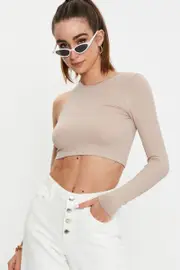 Beige Seamless One Shoulder Basic Top - Size S/M, Women's T-shirt