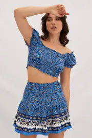 Boho Print Square Neck Puff Sleeve Shirred Crop Top - Size 14, Women's Crop Top