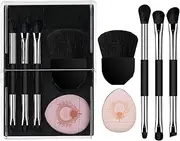 Makeup Set Brush + Powder Puff Kit, 8Pcs Makeup Blending Powder Puff & Brushes Sets for Liquid & Cream Formulations, Travel Make up Tool Sets with a Storage Box, Gift Set for Women, Black