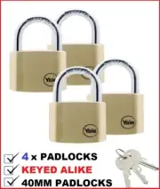 4x Yale Padlocks Keyed Alike 40mm Brass padlock 4 keys Y110/40/123/4