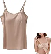 Medicle 2 in 1 Women's Basic Seamless Camisole Solid Color Spaghetti Straps Slim Fit Cotton Adjustable Spaghetti Straps Tank Top for Everyday Casual Wear, Tank Top with Built-in Bra Khaki