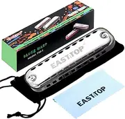 [East top] Junior Harmonica,Smoothly Rounded Edge 10 Holes C Key Blues Mouth Organ Harmonica for Kids and Children as Gift,with Fabric Cloth Pouch,Colourful Box, Black