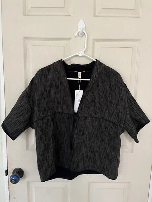 NEW Eileen Fisher Organic Cotton Tie Front Boxy Jacket NWT Brown Black XS
