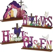 4 Pcs Easter Table Decorations He Is Risen Tabletop Decorations Easter Resurrection Scene Wooden Signs Jesus Cross He Lives Table Centerpiece for Easter Religious Party Holiday Decor