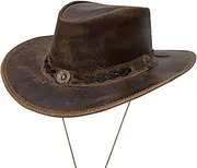 [Dream Apparel] Brown Leather Cowboy Hat for Men Women Western Australian Outback Hat w/Shapeable Wide Brim, Aussie Style Hat