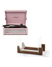 Voyager Bluetooth Portable Turntable Amethyst Bundled Crosley Record Storage Display Stand in Pink