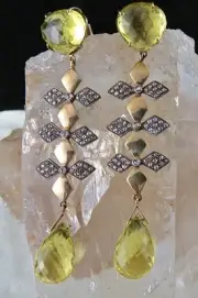 Fine Natural Lemon Quartz Teardrop Diamond 18K Gold 925 Silver Victorian Earring