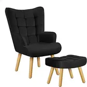ALFORDSON Velvet Armchair with Footstool Ottoman, High Back Leisure Occasional Accent Nursing Chair Solid Wooden Legs, Lounge Sofa for Reading Dressing Bedroom Living Room, Max 180kg, Bozena Black