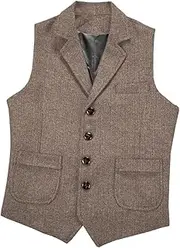 [HEYDHSDC] Mens Lapel V Neck Wool Herringbone Suit Vest Casual Formal Business Waistcoat Groomman For Wedding Light Blue1 L