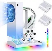 Charging Stand with Fan for Xbox Series S, 2 x 1400 mAh Batteries for Controller, Accessories with 15 LED Light Mode, Headphone Hook, USB C Cable, Double Charging Station and Cooling System