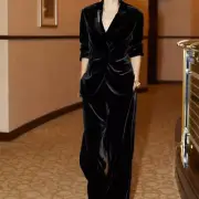 Spring Women Profession Elegant Velvet Suit V-neck Longsleeve Coat Wide Pants