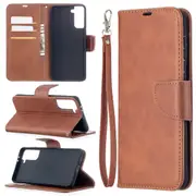 For Samsung Galaxy S21+ Plus Case Lambskin Texture Folio PU Leather Wallet Cover, Kickstand, Lanyard, Brown